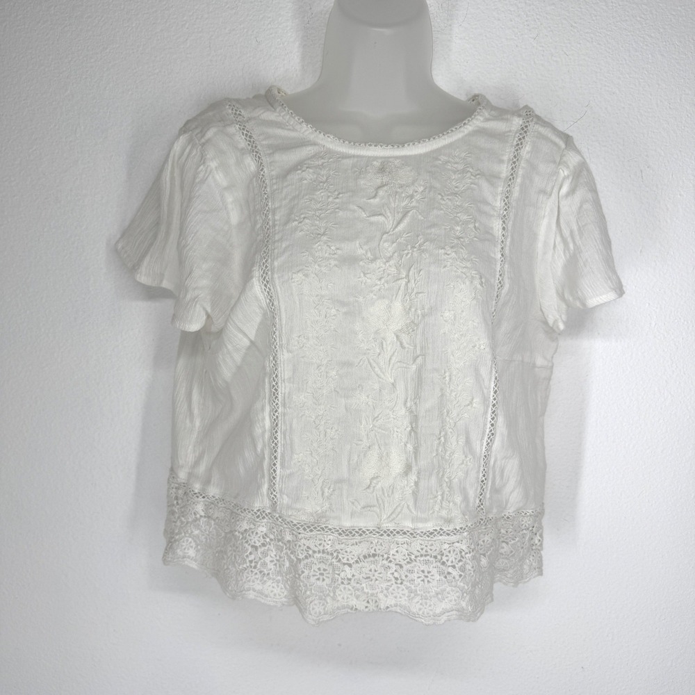 Abercrombie Fitch White Embroidered Lace Trim Open Back Tie Shirt Size L Boho - Picture 2 of 7